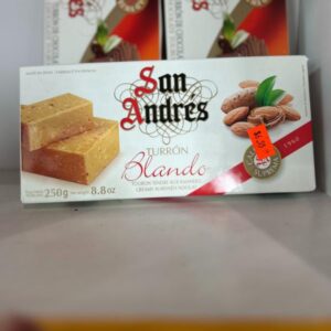 Turrón Brando Creamy Almonds a traditional Spanish nougat with creamy almonds available at Soriano Brothers Cuban Cuisine Features elegant packaging and a weight of 250g