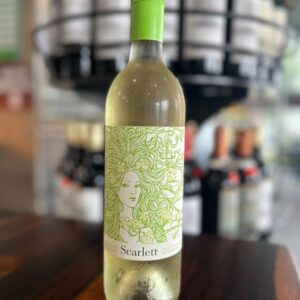 Scarlett Sauvignon white wine with green art nouveau label featuring woman's face