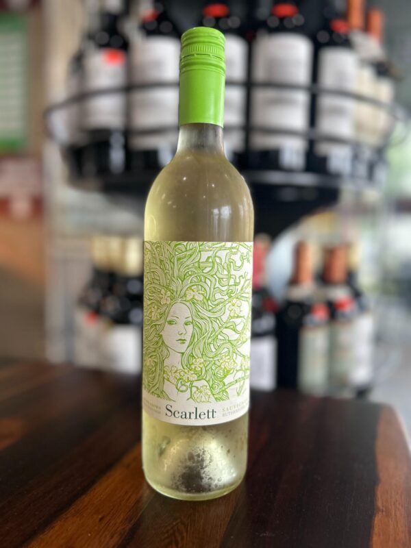 Scarlett Sauvignon white wine with green art nouveau label featuring womans face